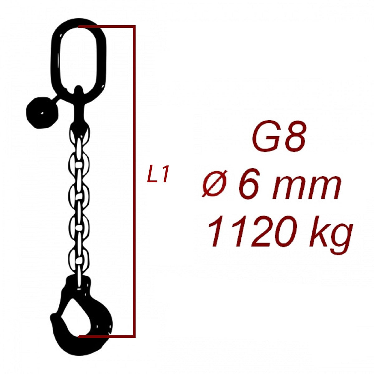 Zawiesie łańcuchowe 1-cięgnowe klasa 8, Ogniwo-Hak, średnica 6mm, nośność 1120kg
