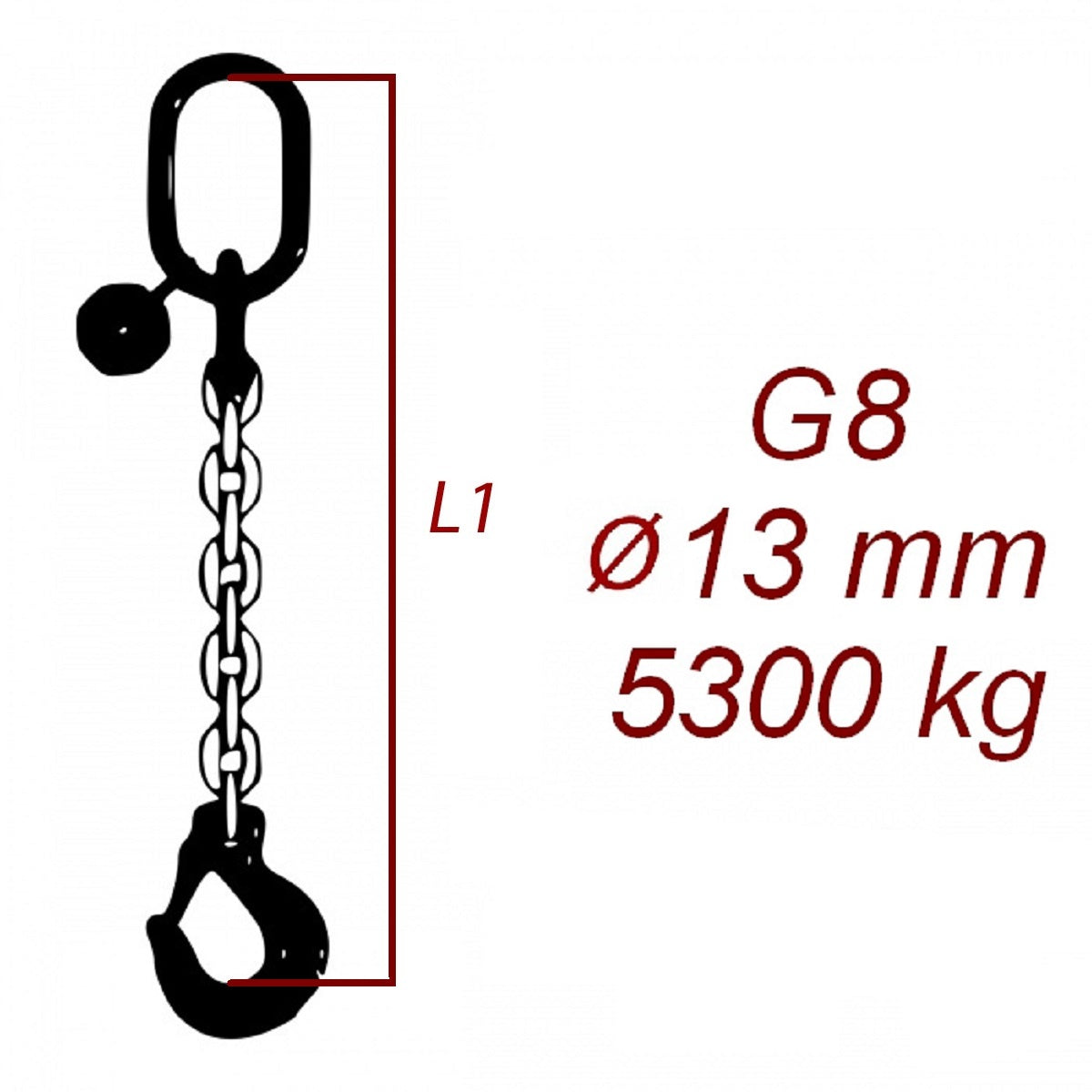 Zawiesie łańcuchowe 1-cięgnowe klasa 8, Ogniwo-Hak, średnica 13mm, nośność 5300kg