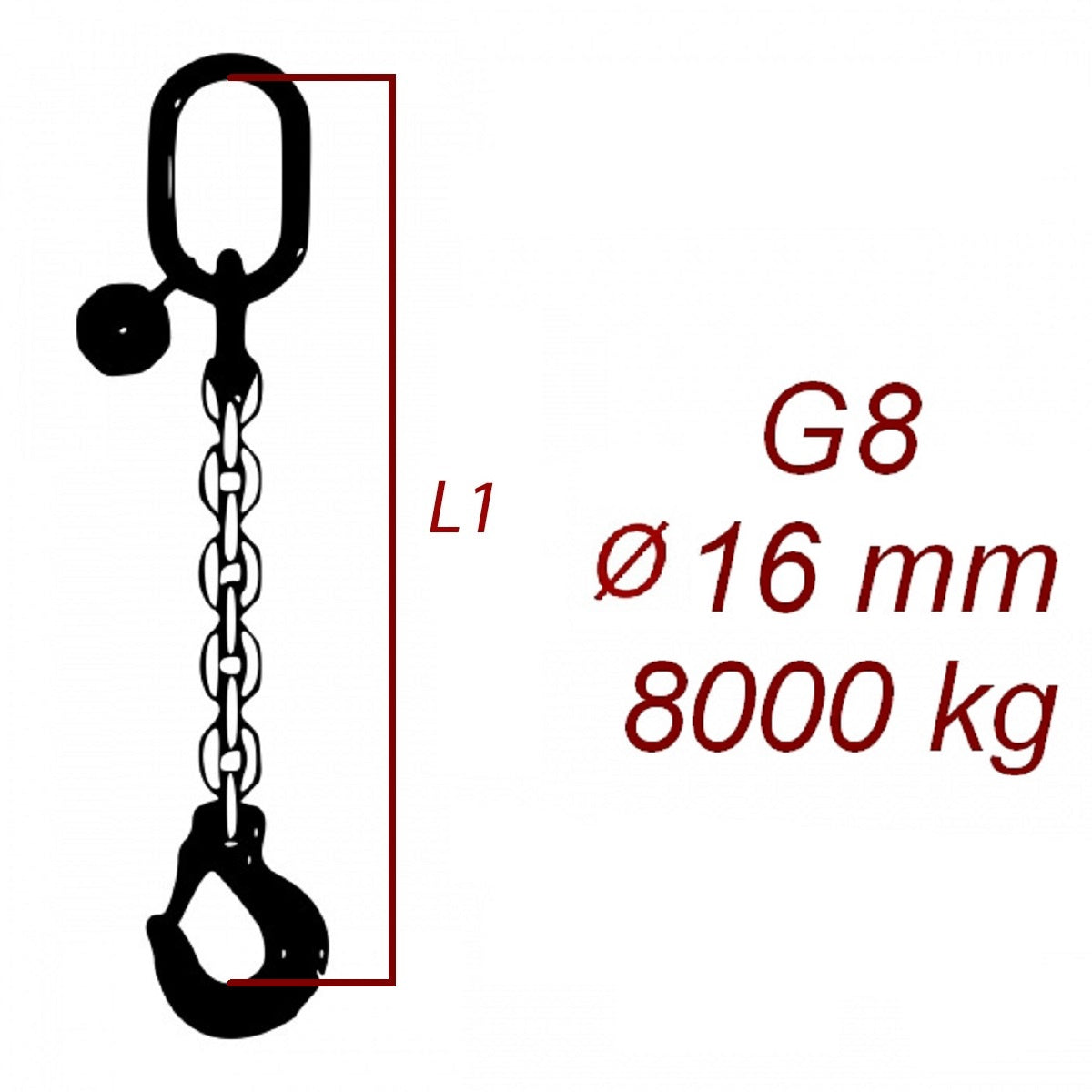 Zawiesie łańcuchowe 1-cięgnowe klasa 8, Ogniwo-Hak, średnica 16mm, nośność 8000kg