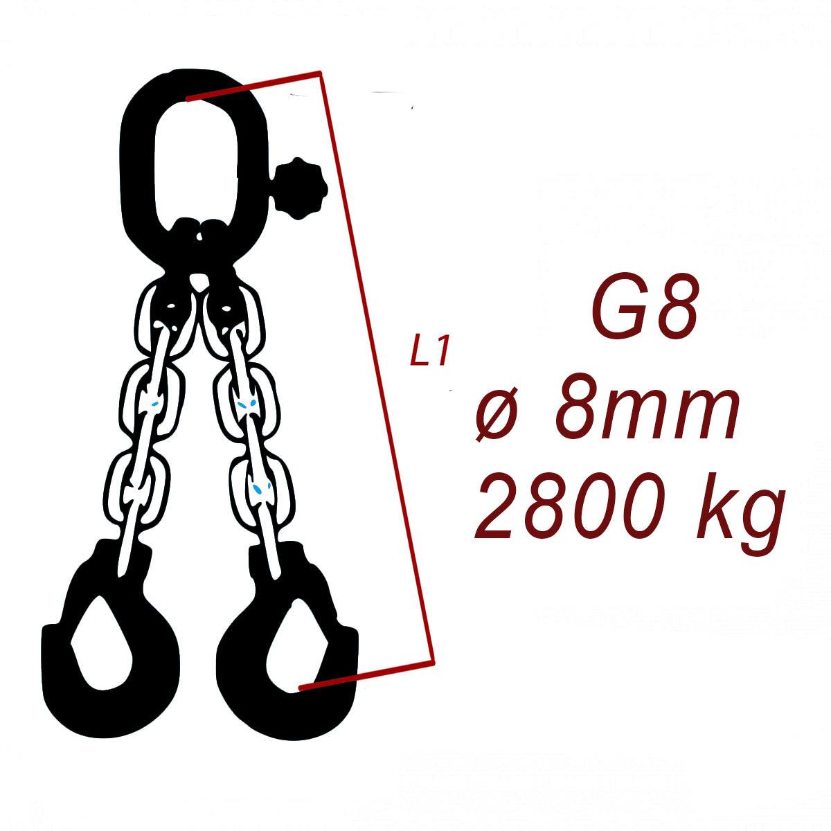 Zawiesie łańcuchowe 2-cięgnowe klasa 8, Ogniwo-Hak, średnica 8mm, nośność 2800kg