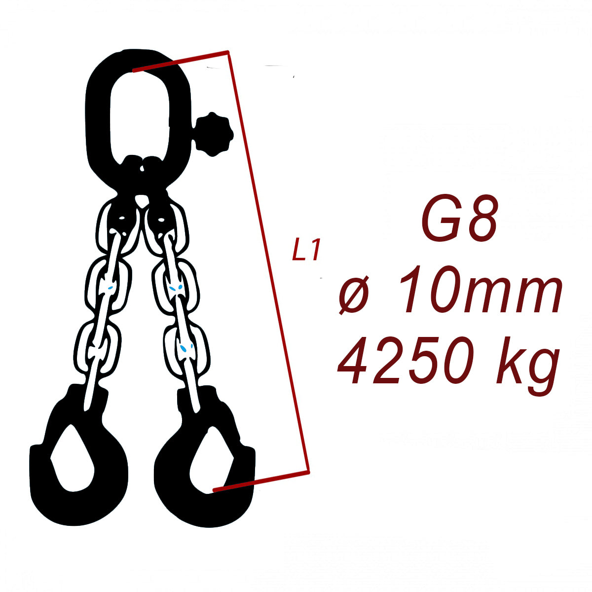 Zawiesie łańcuchowe 2-cięgnowe klasa 8, Ogniwo-Hak, średnica 10mm, nośność 4250kg
