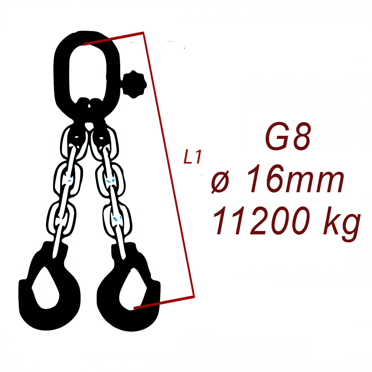 Zawiesie łańcuchowe 2-cięgnowe klasa 8, Ogniwo-Hak, średnica 16mm, nośność 11200kg