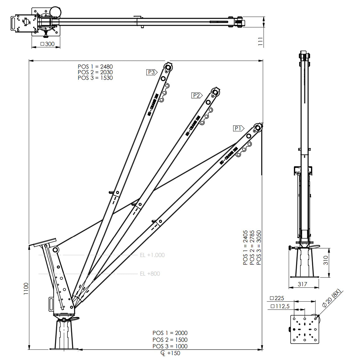 Obrotowy żuraw SD900, udźwig 900/600 kg, zasięg do 2 m, GEBUWIN