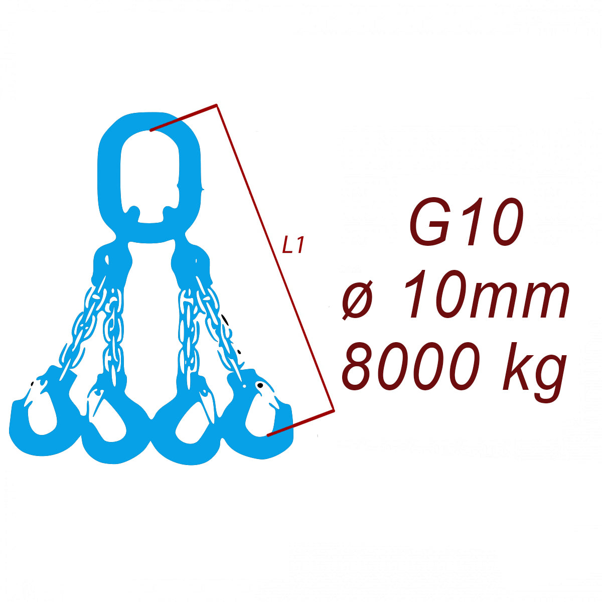 Zawiesie łańcuchowe 4-cięgnowe klasa 10, Ogniwo-Hak, ⌀10mm, nośność 8000kg