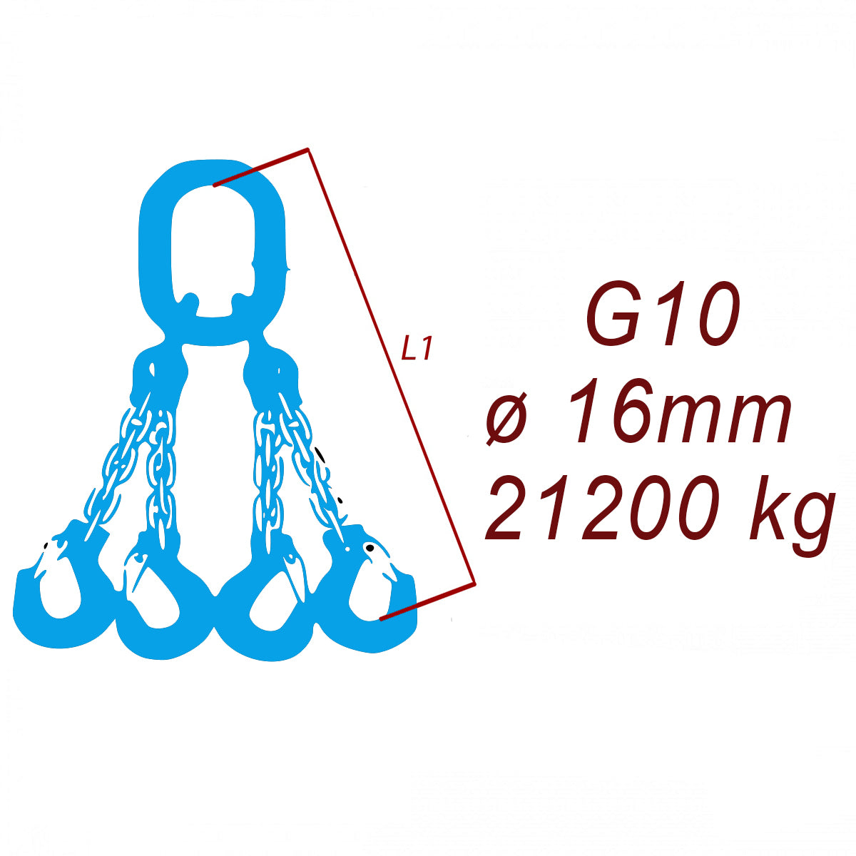 Zawiesie łańcuchowe 4-cięgnowe klasa 10, Ogniwo-Hak, ⌀16mm, nośność 21200kg