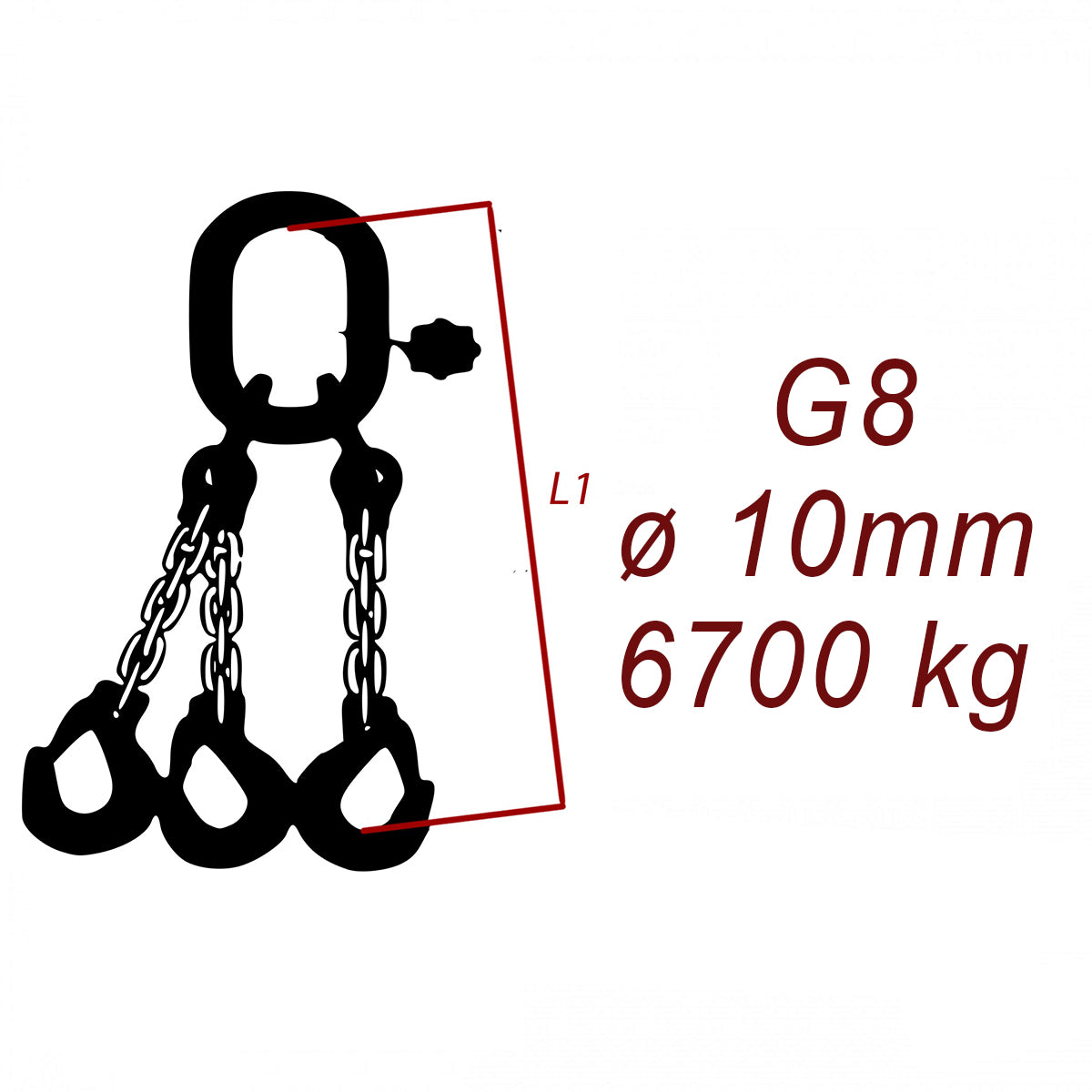 Zawiesie łańcuchowe 3-cięgnowe klasa 8, Ogniwo-Hak, średnica 10mm, nośność 6700kg