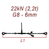 Łańcuch transportowy jednoczęściowy z hakami, klasa 8, 6mm, siła mocowania 22kN