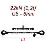 Łańcuch transportowy dwuczęściowy z hakami, klasa 8, 6mm, siła mocowania 22 kN