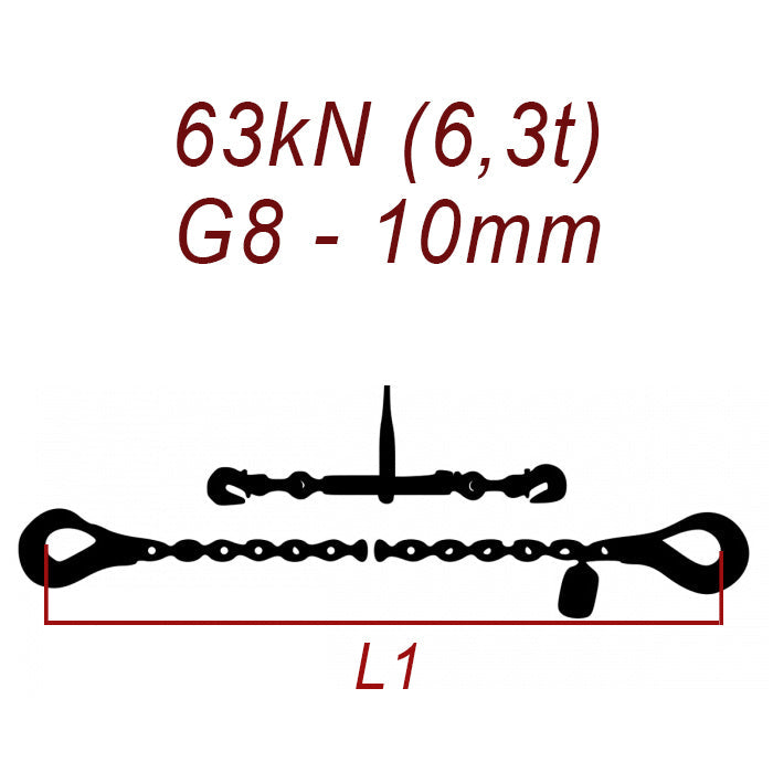 Łańcuch transportowy dwuczęściowy z hakami, klasa 8, 10mm, siła mocowania 63 kN