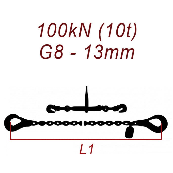 Łańcuch transportowy dwuczęściowy z hakami, klasa 8, 13mm, siła mocowania 100 kN