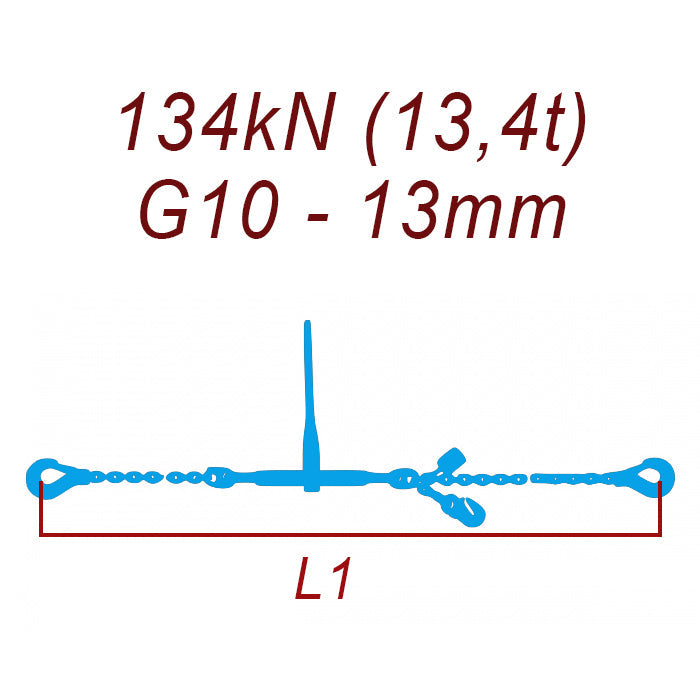 Łańcuch transportowy jednoczęściowy z hakami, klasa 10, 13mm, siła mocowania 134 kN