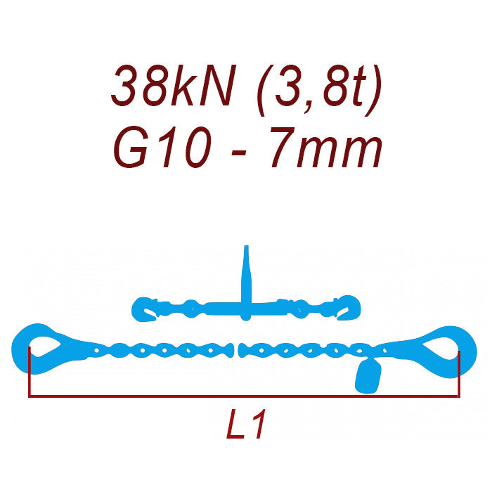 Łańcuch transportowy dwuczęściowy z hakami, klasa 10, 7mm, siła mocowania 38 kN