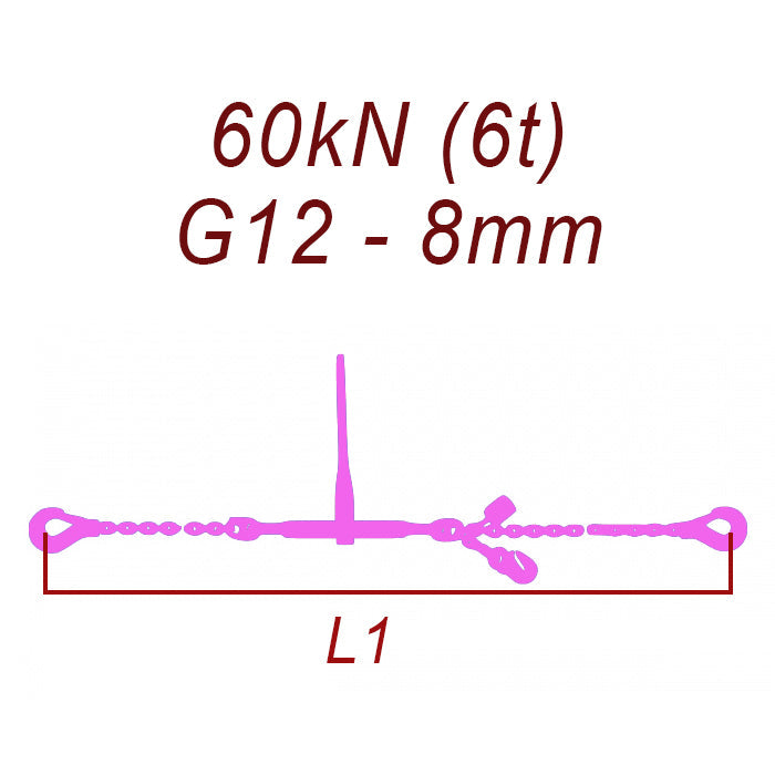 Łańcuch transportowy jednoczęściowy z hakami, klasa 12, 8mm, siła mocowania 60 kN