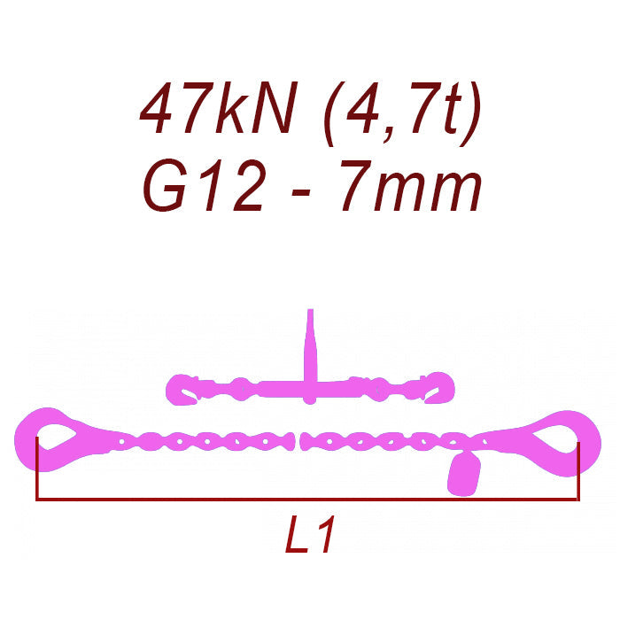 Łańcuch transportowy dwuczęściowy z hakami, klasa 12, 7mm, siła mocowania 47 kN