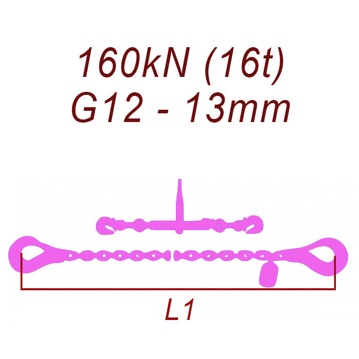 Łańcuch transportowy dwuczęściowy z hakami, klasa 12, 13mm, siła mocowania 160 kN