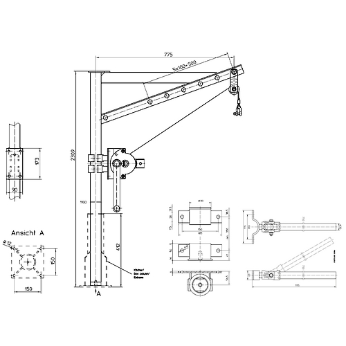 Żuraw obrotowy 4551.0,15, 4751.0,15, udźwig 150kg, rozpiętość 305-775mm, HAACON