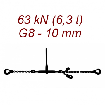Łańcuch transportowy jednoczęściowy z hakami, klasa 8, 10mm, siła mocowania 63 kN