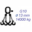 Zawiesie łańcuchowe 4-cięgnowe klasa 10, Ogniwo-Hak, ⌀13mm, nośność 14000kg, długość 1,5m
